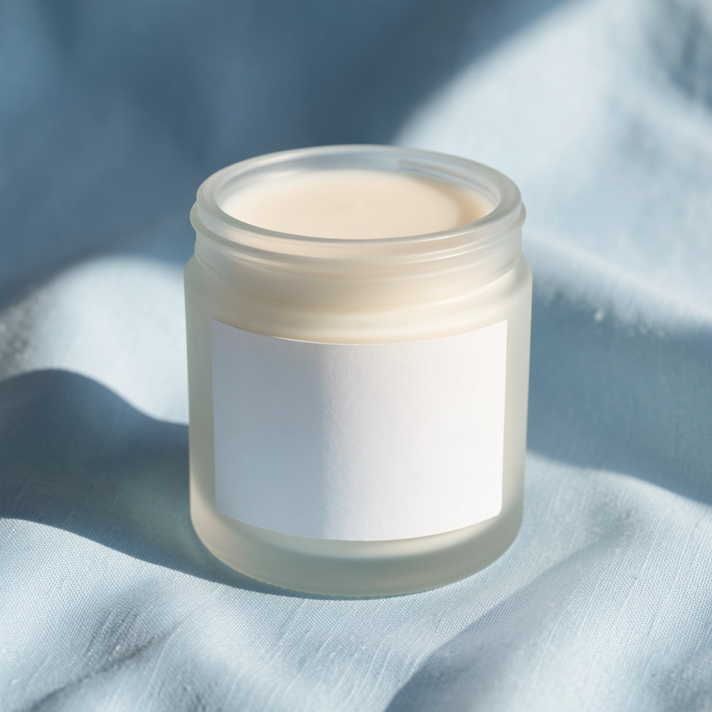 Frosted glass cream jar with minimal white label set on pale blue fabric, natural window light from the side creating a soft shadow in editorial product photography