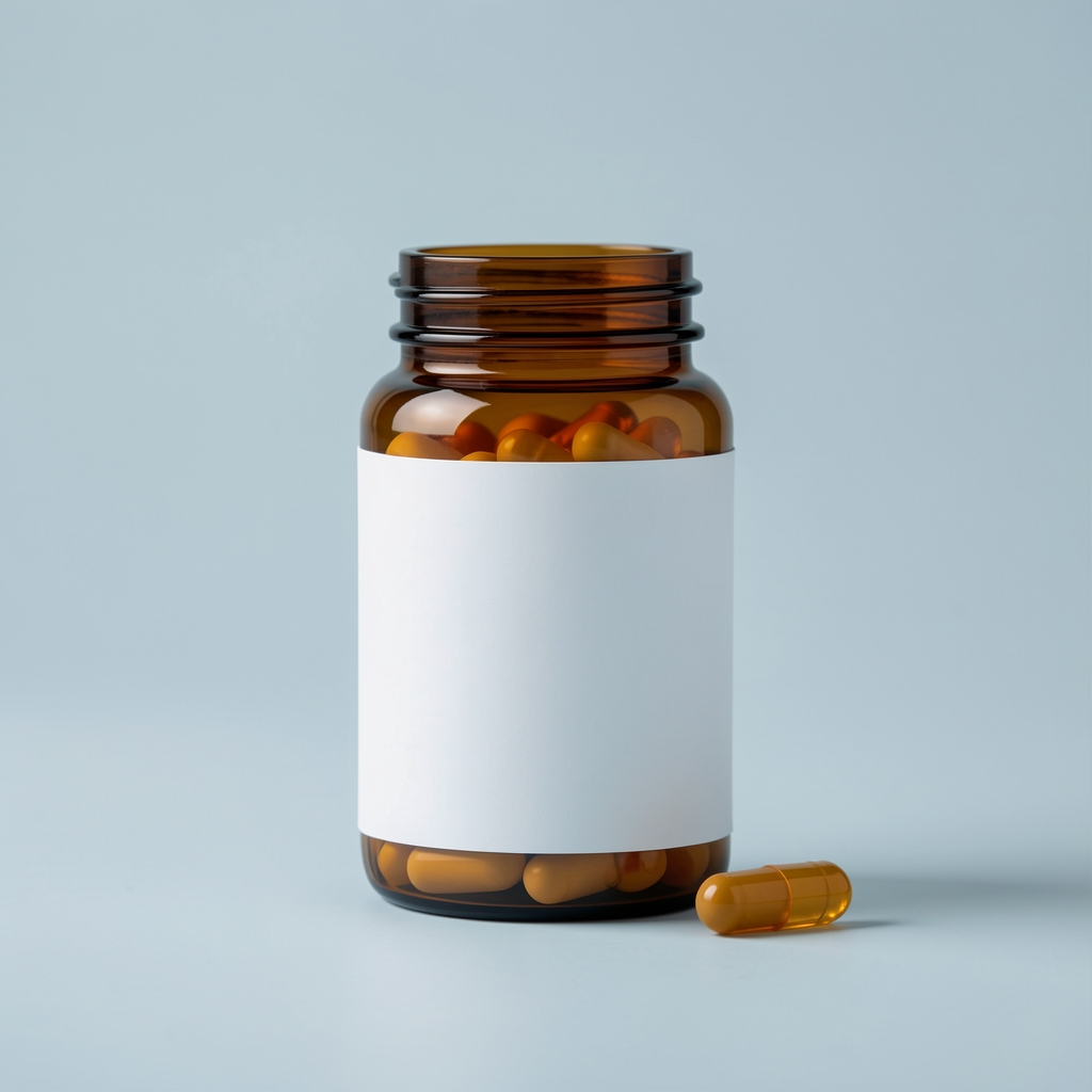 Amber supplement jar with white label set against a pale blue-grey background, minimal editorial styling with one capsule placed beside the jar